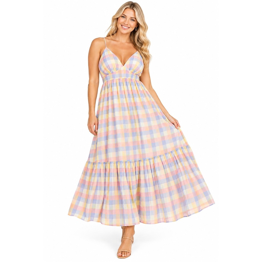 Jessica Simpson Womens Medium Pastel Plaid Maxi Dress V-Neck Spaghetti Tie Back